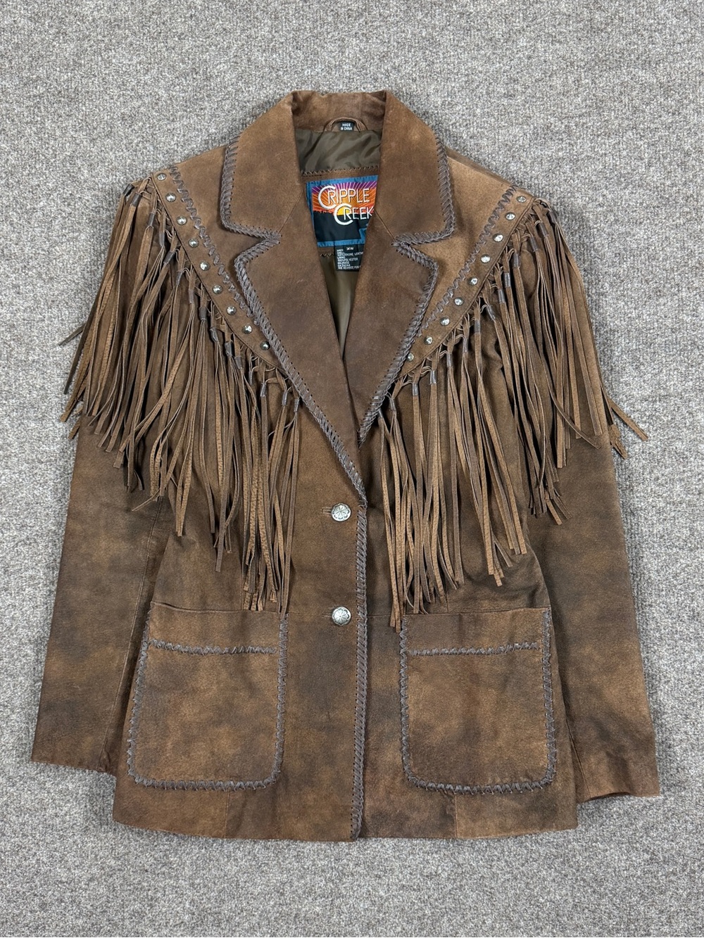 Vintage Cripple Creek Brown Patina Leather Western Fringe Blazer Jacket Women XS